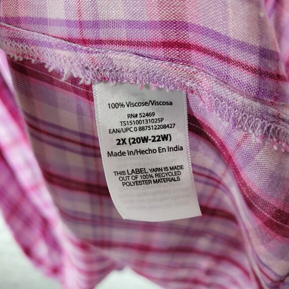 Terra Sky Womens Top 2X Plus Peasant Pink Plaid On Off Shoulder PLA114E - Picture 8 of 8